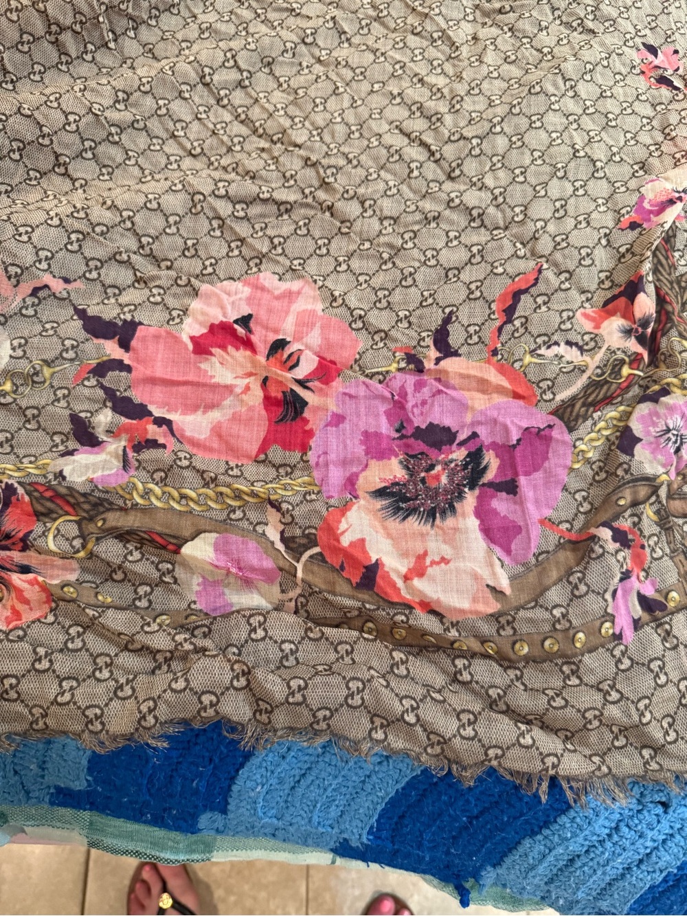 Gucci Floral Border Maxi Scarf - Taupe with Pink & Purple Florals - Picture 2 of 4